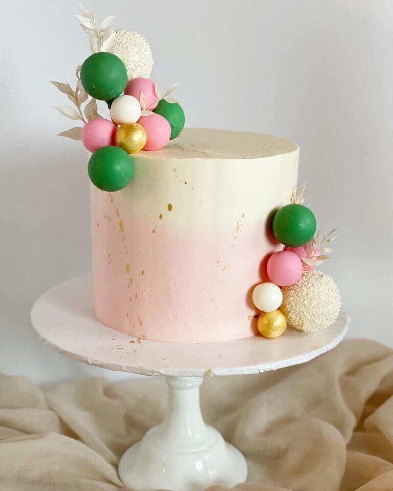 Sphere cake. Pink, green, and gold cake.
